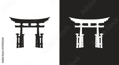 A traditional Japanese Torii gate presented as a graphic icon in both black and white silhouette versions.
