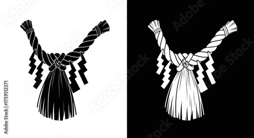A black and white illustration of a traditional Japanese Shinto shimenawa, a sacred straw rope with tassels and shide paper streamers.