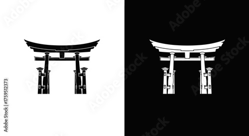Symmetrical black and white icons of a traditional Japanese Shinto Torii gate on contrasting backgrounds.