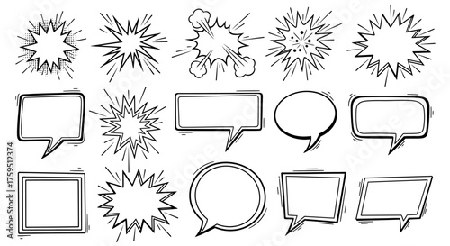 Black and white drawing of 15 comicstyle speech bubbles and bursts