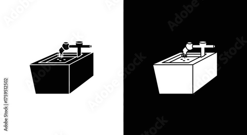 A minimalist black and white icon set of an open coffin with a flower and a falling water drop.