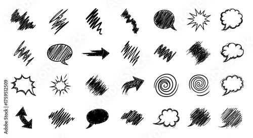 Black sketched scribbles speech bubbles arrows and spirals on a white background