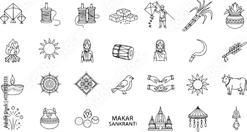 Makar Sankranti Festival Line Art Icons Set. Traditional Indian Harvest Celebration Symbols Collection with Kites, Sun, Sweets, and Sugarcane.