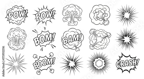 Black  white comic explosion set with action words  burst symbols