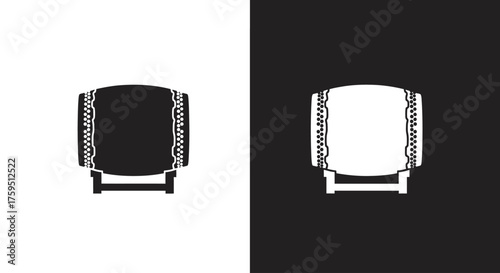 A set of two minimalist icons depicting a traditional Japanese Taiko drum on a stand, in black and white.