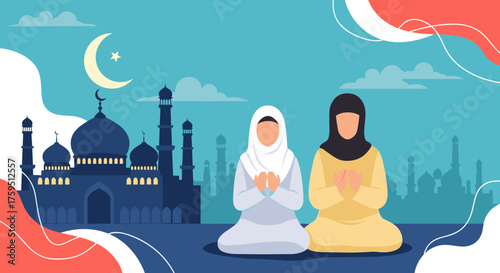 Two women in hijab praying on the ground in front of a mosque with a crescent moon and star in the sky.