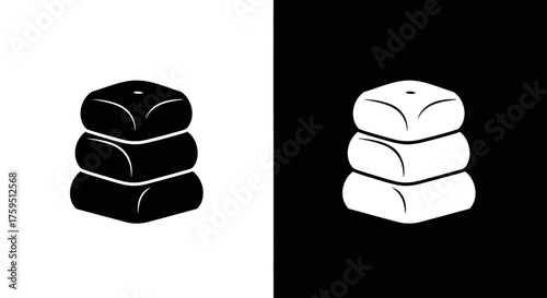 A simple black and white graphic icon depicting a neat stack of three soft, square floor cushions or pillows.