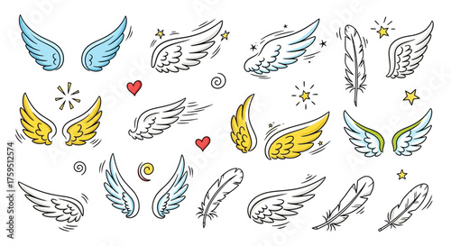 Cartoon angel wings and feathers arranged on white background