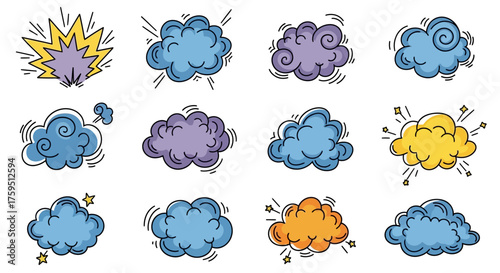 Cartoon cloud cluster colorful outlined stylized shapes on white