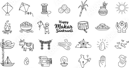 Makar Sankranti Festival Vector Icons. Outline set of traditional elements: kites, sun, sweets, sugarcane, bonfire, cow, drum, and India map for Hindu harvest celebration.