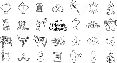 Makar Sankranti Festival Line Art Icons Set. Doodle collection with traditional Indian harvest celebration elements: kites, sweets, sun, bonfire, drum, cow, and religious symbols.