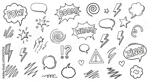 Cartoon doodle sheet with speech bubbles lightning bolts stars spirals scribbles and symbols all in black and white