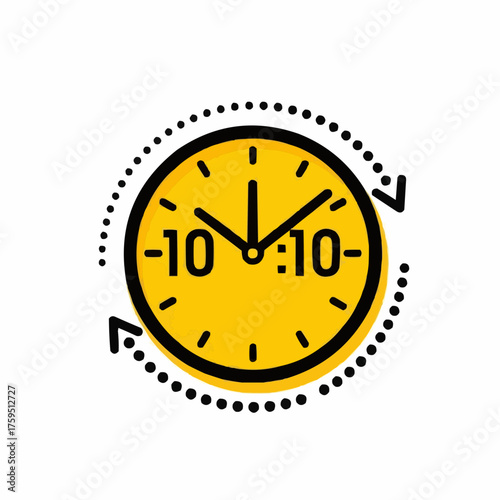Modern minimalist yellow clock illustration with dotted arrow symbolizing time progression and productivity