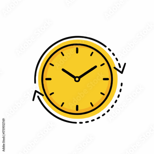Modern minimalist yellow clock illustration with dotted arrow symbolizing time progression and productivity