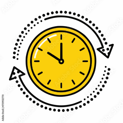 Modern minimalist yellow clock illustration with dotted arrow symbolizing time progression and productivity