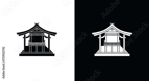 A minimalist graphic icon of a traditional Japanese Shinto shrine, presented in black on white and white on black.