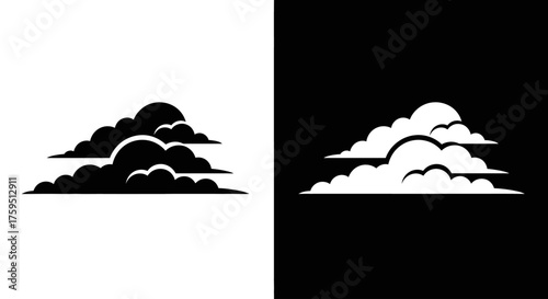 A stylized graphic of layered clouds presented in two contrasting versions, black on a white background and white on a black background.