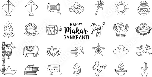 Happy Makar Sankranti Line Art Doodle Icons Set. Indian Harvest Festival symbols including kites, bonfire, sweets, sun, and cow for cultural celebration.