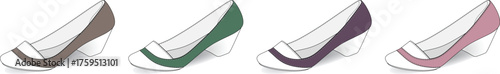 A set of four elegant women's low-heeled shoes in different color variations, showcasing a sophisticated design
