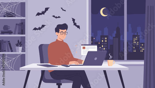 Man works on laptop at night in a decorated room with city view Remote work spooky ambiance
