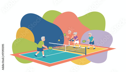 Active seniors enjoy playing pickleball on a colorful court promoting health and social engagement