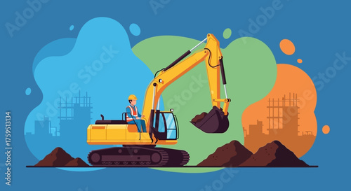Construction worker on excavator at a building site piles of dirt city development in background