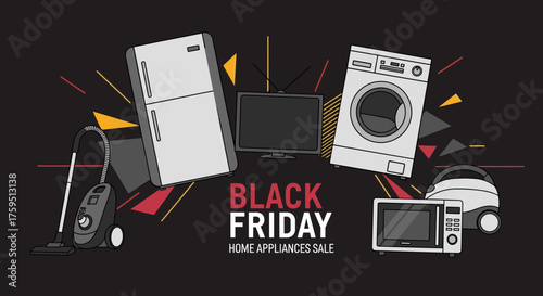 Black Friday Home Appliances Sale graphic illustration featuring major household electronics and gadgets