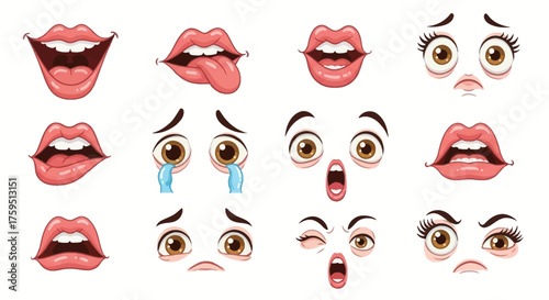 Cartoon facial expressions showcase various emotions through eyes and mouths
