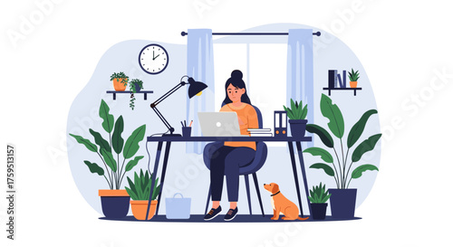A woman works remotely at her desk surrounded by plants with her dog nearby.