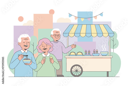 Happy seniors enjoy street food at an outdoor market eating noodles and ice cream Leisure and fun