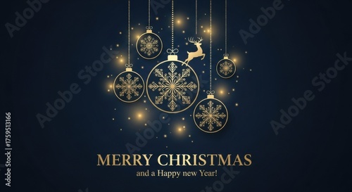 Elegant Merry Christmas card with geometric reindeer, snowflakes, and baubles in blue tones with copy space