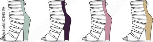 A stylish collection of women's strappy high-heeled gladiator sandals in four different fashionable color variations