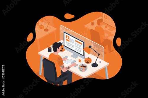Employee working at a festive Halloweendecorated office desk with jackolanterns and candy