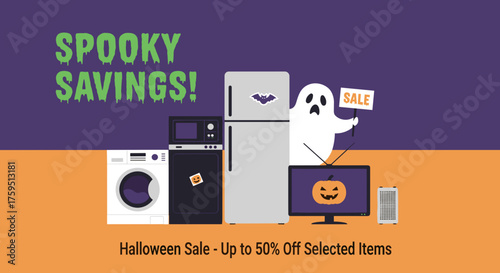 Halloween sale promotion graphic featuring a friendly ghost with a SALE sign and various household appliances Spooky savings on electronics and home goods