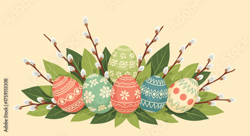 A charming arrangement of decorated Easter eggs with willow branches and green leaves