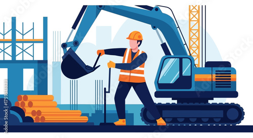 Construction worker operates an excavator at a building site illustrating development and industry