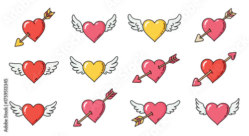 Cartoon heartssome with wings others pierced with arrowsarranged in a grid pattern on a white background