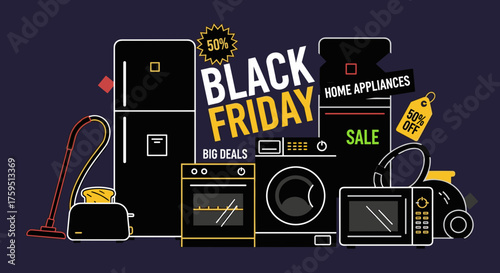 Black Friday Big Deals Graphic illustration of major home appliances sale banner