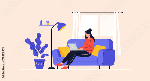 A woman working on her laptop from the comfort of her cozy living room.