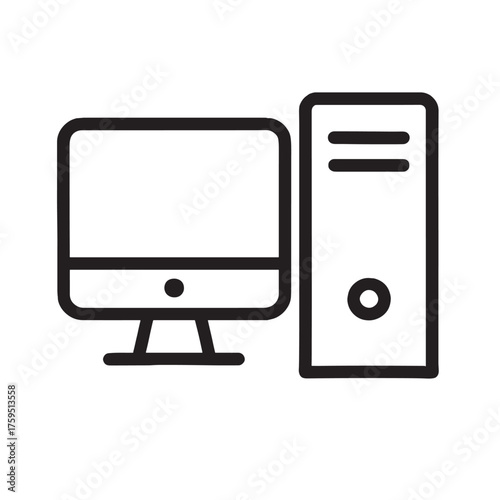 Simple line art icon of a desktop computer and tower