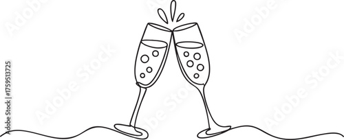 Continuous one line drawing of champagne glasses clinking symbolizing celebration, joy, and New Year party in minimalist festive art style