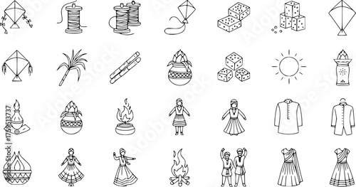 Makar Sankranti, Lohri, Pongal, Uttarayan Indian Harvest Festival Line Art Icons Set