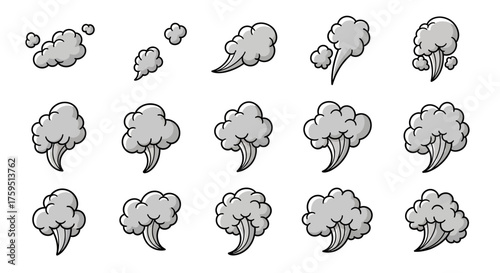 Cartoon smoke clouds show rising gray trails with black outlines on white