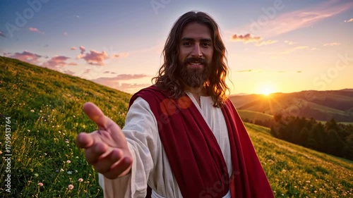 JesusChrist stands in a beautiful field at sunset with his arms open in a welcoming gesture offering divine love hope and spiritual salvation to all believers