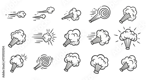 Cartoonish smokedust clouds are arranged in a grid pattern against a white background