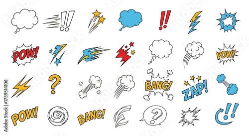 Collection of 28 comic book effect elements including speech bubbles and action exclamations like POW BANG and ZAP