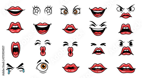 Collection of cartoon facial features mouths eyes expressing various emotions isolated on a white background