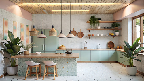 Modern organic kitchen room crafted from terrazzo featuring neutral palette soft lighting and refined organic design for elegant modern interior spaces