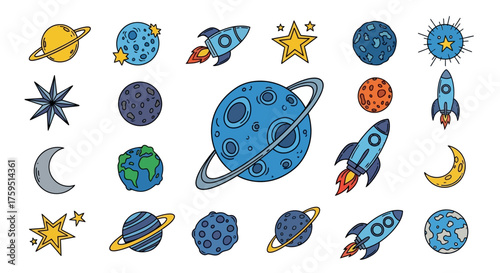 Collection of cosmic doodles featuring planets moons stars  rocket ships in a handdrawn style