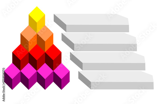 Infographic statistical of red with orange with purple and yellow stepped geometric design, Pyramid shape four layers for creating stacked appearance typical of hierarchical or organizational chart